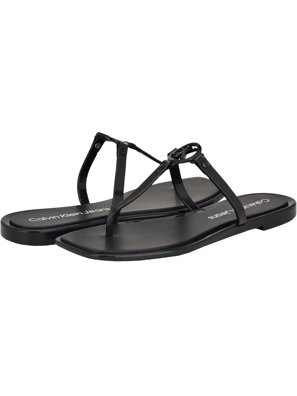 🖤🖤 Calvin Klein Black Women's Edhen Logo T-Strap Flat Jelly Sandals